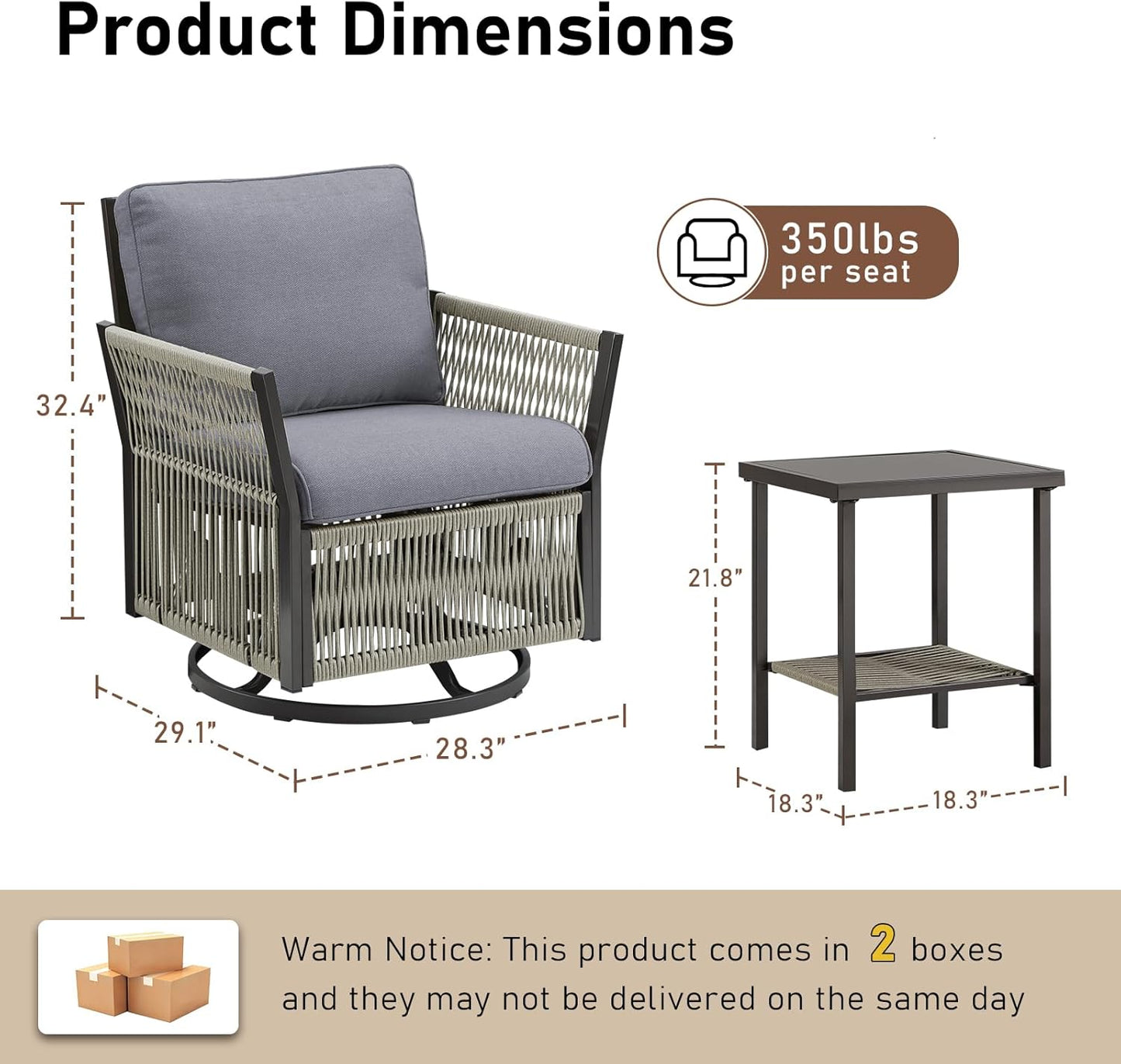 3 Pieces Wicker Bistro Set Chairs Patio Porch Furniture Sets, All-Weather PE Rattan Outdoor Conversation Set with Removable Cushion & Side Table for Porch, Deck, Poolside - Dark Grey