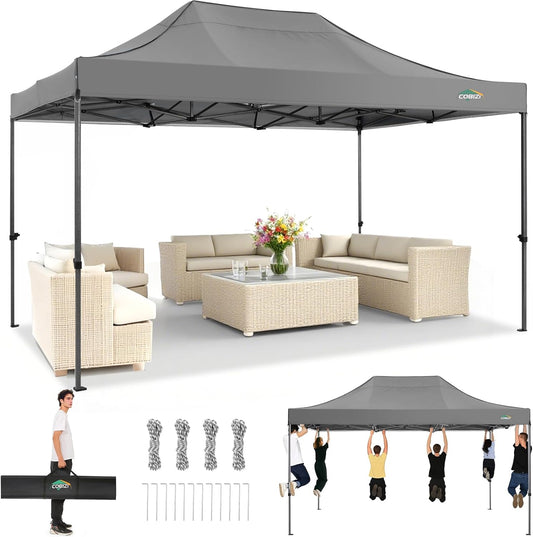 COBIZI 10x15 Pop up Canopy Heavy Duty Without Sidewalls, Easy Set-up Commercial Outdoor Party Canopy, 100% Waterproof Wedding Gazebo, 3 Height Adjustable with Handbag, Gray