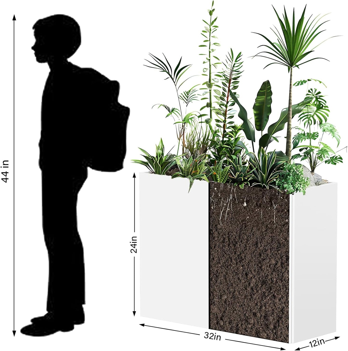 Heavy-Duty Galvanized Steel Planter with Removable Insert Shelf & 4 Drainage Holes - 32x12x24 Inches Large Size Outdoor/Indoor Garden Pot, White