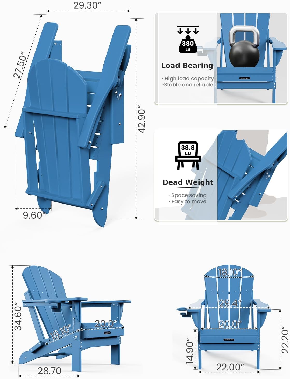 MUCHENGHY Folding Adirondack Chairs HDPE Weather Resistant 6 Pack, Patio Firepit Chairs, Sturdy Outside Chair, Lawn Chairs, 15min Assembly 380lb, Royal Blue