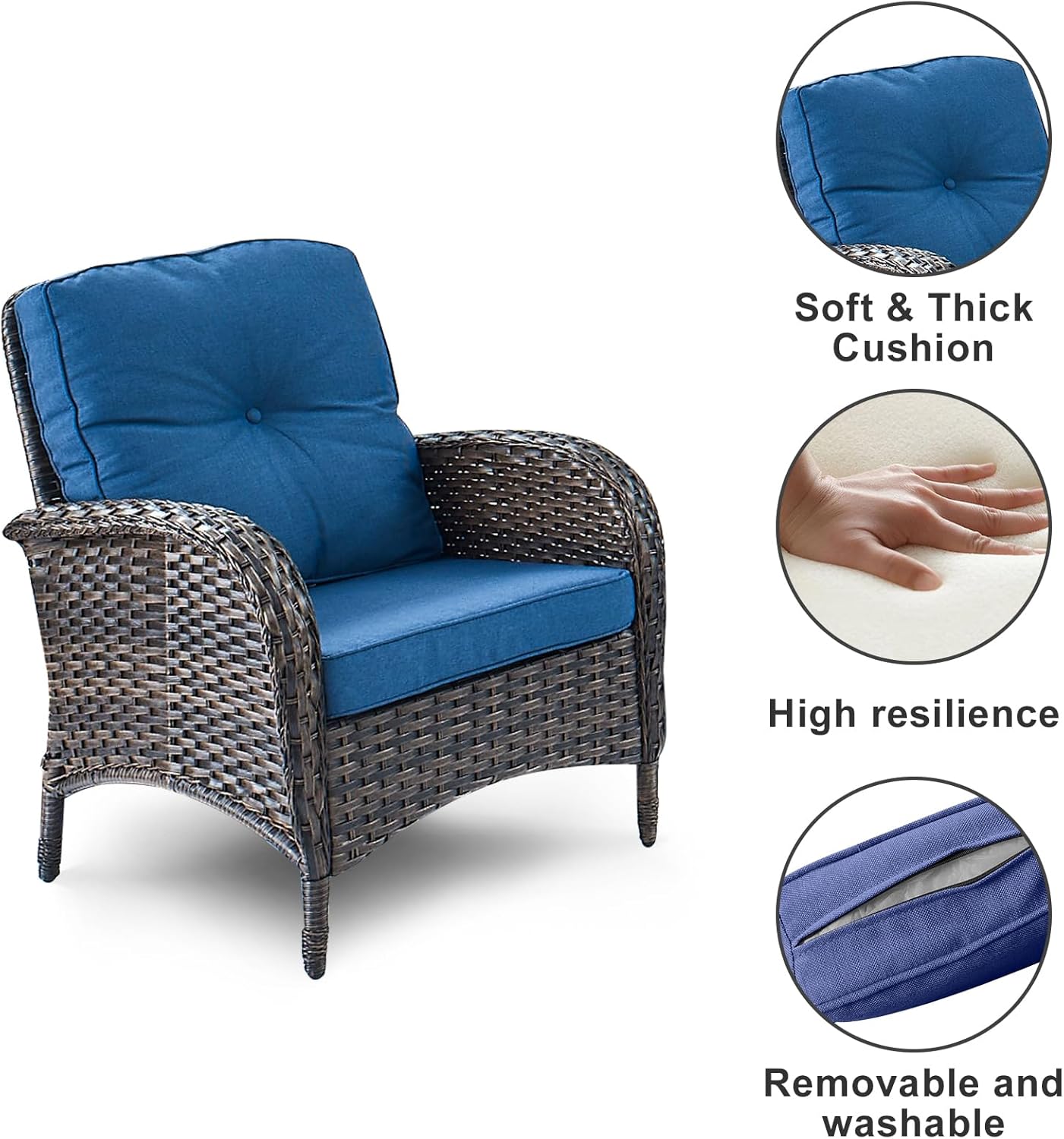 HUMMUH Outdoor Wicker Chairs Patio Dining Chairs Set of 2 with High Back and Deep Seat for Garden,Porch,Backyard,Balcony (Brown/Blue)