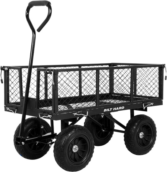 BILT HARD 10" Flat Free Tires Heavy Duty Garden Cart with 180° Rotating Handle and Removable Sides, 4 Cu.Ft 400 lbs Capacity Utility Steel Wagons for Outdoor