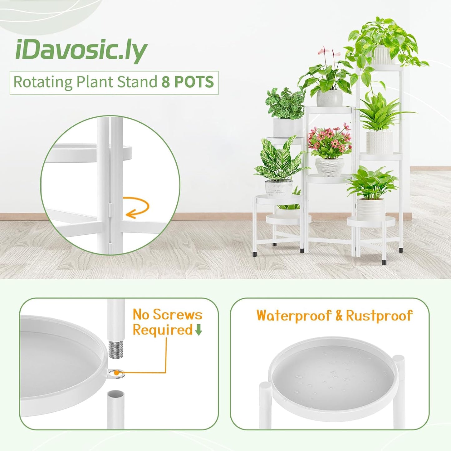 iDavosic.ly Plant Stand Indoor Outdoor, 8 Tier Corner Metal Flower Display Holder Shelf, Folding Tall Orchid Rack for Patio Balcony Porch Garden Living Room House, White