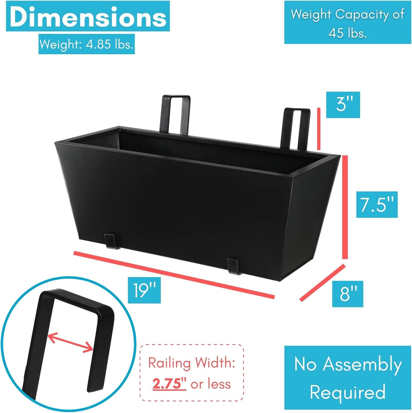 BIRDROCK HOME 1pk Metal Railing Planter - Balcony Flower Box - Deck Rail Boxes - House Apartment Plant Pot - Black