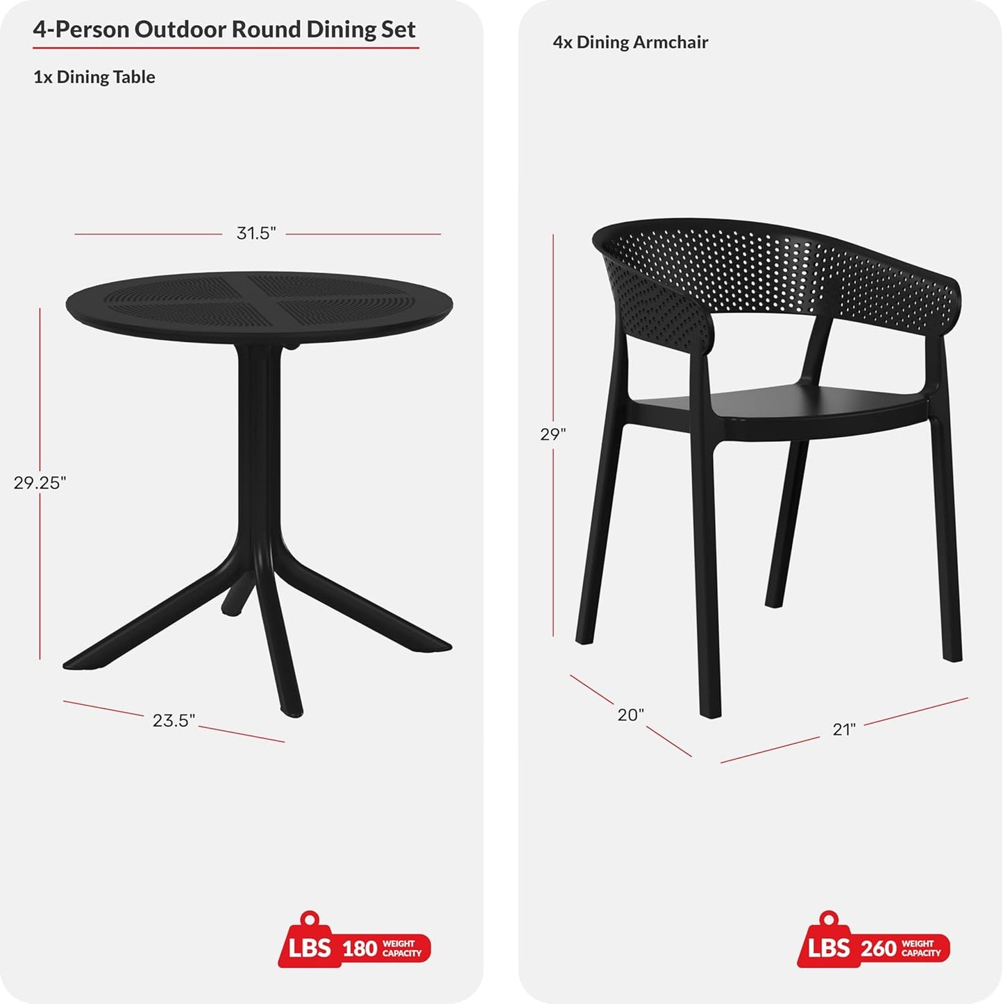 Dining Table Set for 4, HDPE Patio Round Dining Table and Stackable Chair, Kitchen & Dining Room Sets All Weather for Backyard Porch Poolside, Red