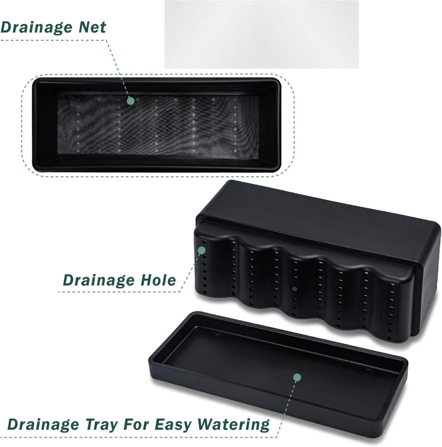 D'vine Dev 12 Inch Window Box Planter, Rectangle Plastic Herb Planter with Drainage Holes and Saucer, Indoor Succulent Cactus Vegetable Pot for Windowsill, Garden Balcony, Black, Set of 1, 76-X-B-1