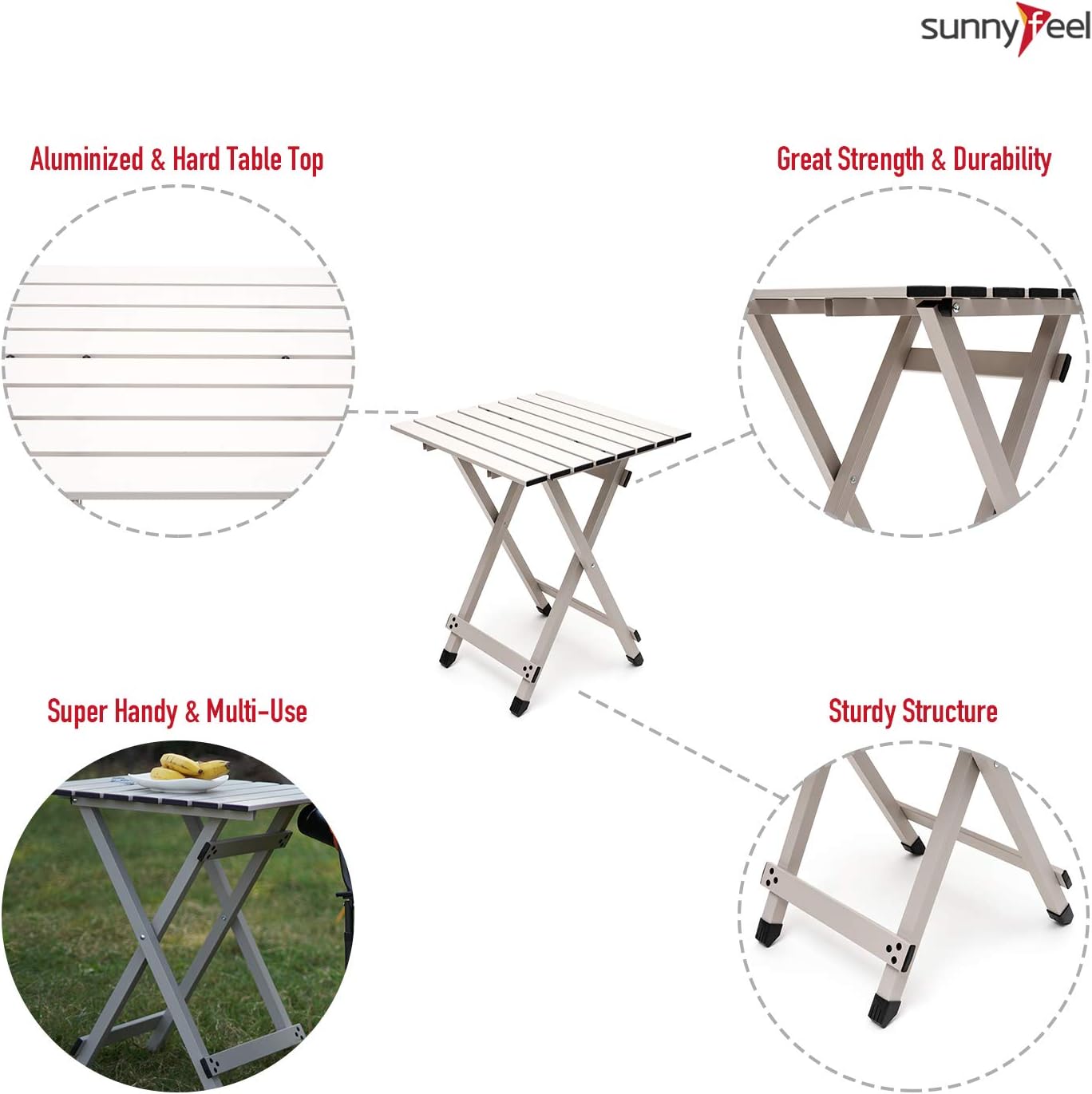 SUNNYFEEL Folding Camping Table - Lightweight Aluminum Portable Picnic Table, 18.5L x 18.5W x 24.5H Inch for Cooking, Beach, Hiking, Travel, Fishing, BBQ, Indoor Outdoor Small Foldable Camp Tables