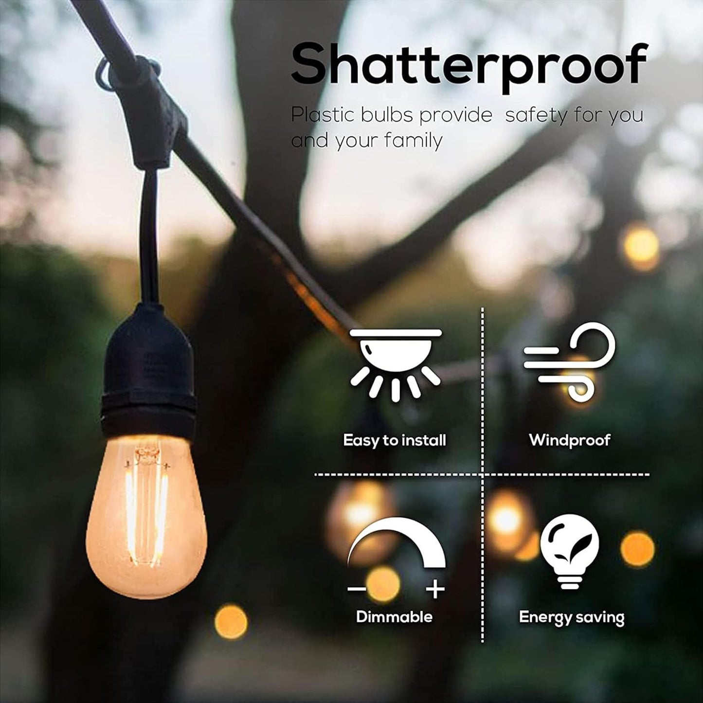 Banord 50 Pack Dimmable 2W S14 Replacement LED Bulbs, 2700K Warm White Waterproof Outdoor String Lights, Vintage Filament, Shatterproof E26 Screw Base Edison Light Bulbs