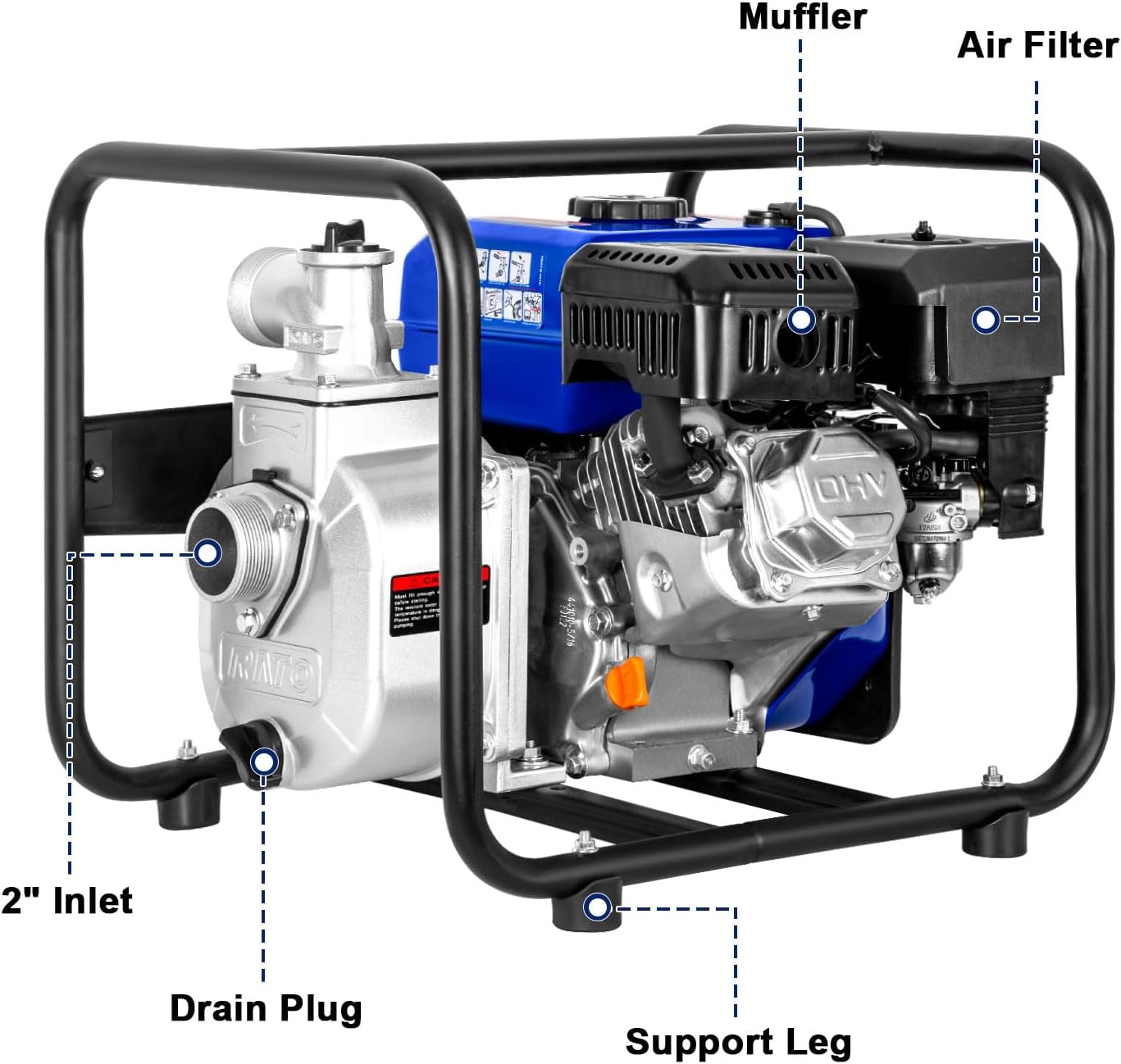 BILT HARD Semi Trash Pump 2 inch, 158 GPM 7HP Gas Powered Water Pump, 212cc 4-Cycle Engine with 50 ft Discharge Hose, 12 ft Suction Hose and Complete Fittings, EPA Certified