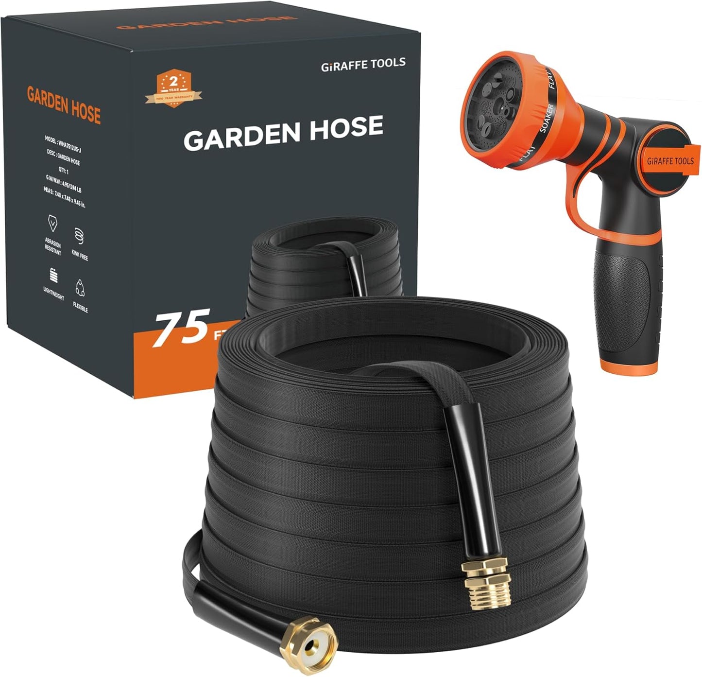 Giraffe Tools Garden Hose 75FT Lightweight Lay Flat Water Hose Kink Free Flexible Hose with 9 Spray Function Nozzle, Black