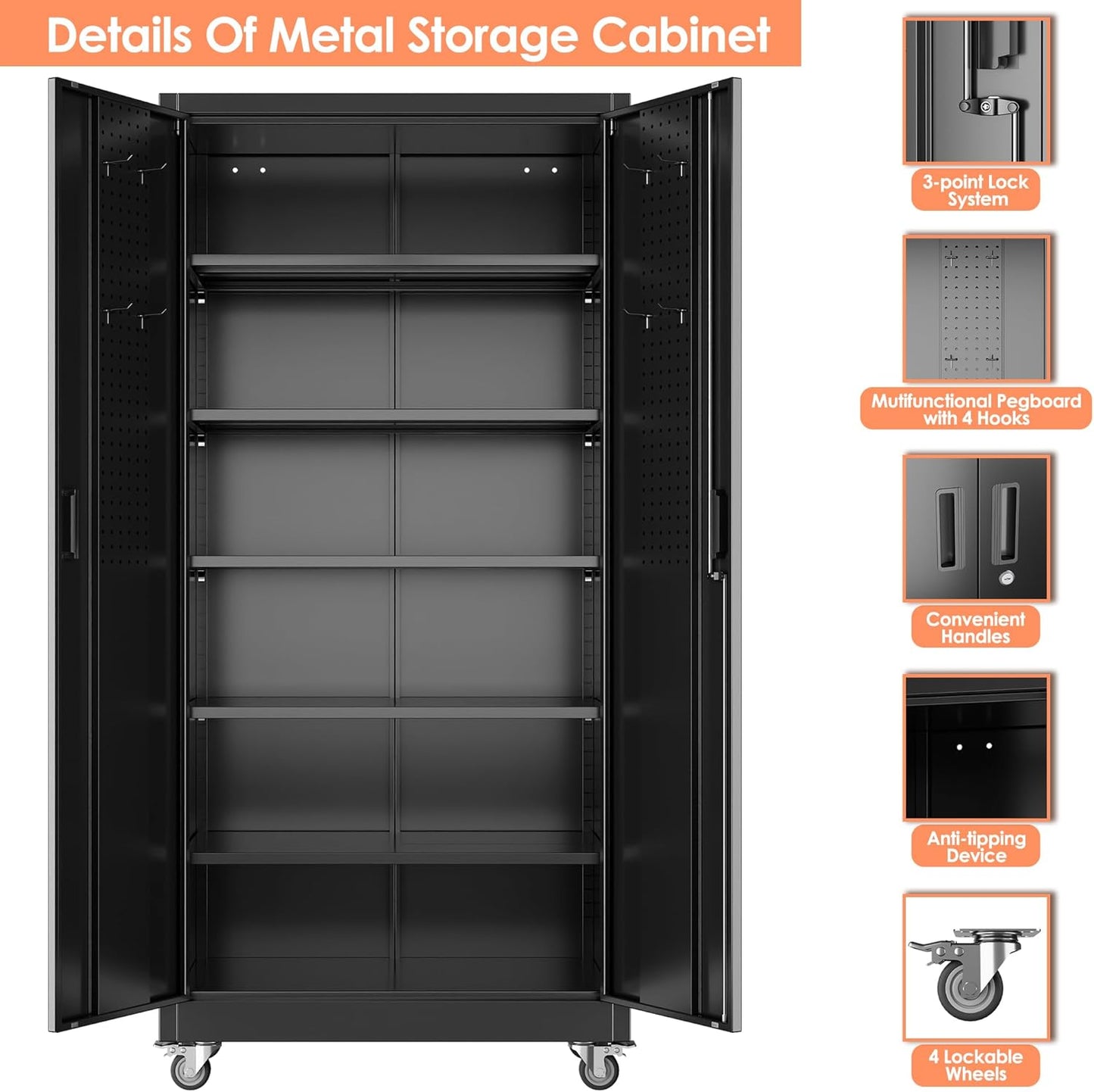 71" H×32" W×16" D Garage Storage Cabinet with Wheels, Locking Metal Storage Cabinet with 5 Adjustable Shelves, 4 Hooks and Pegboard for Garage, Home Office, Kitchen, Black, Assembly Required