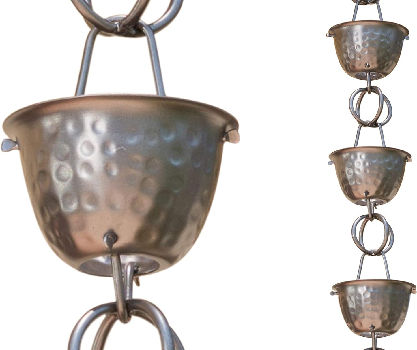 Monarch Rain Chains Aluminum Hammered Cup Rain Chain, 8.5 ft Pewter Powder Coated Aluminum Decorative Rain Catcher Chain for Gutters, Pewter Aluminum Rain Gutter Replacement Downspout