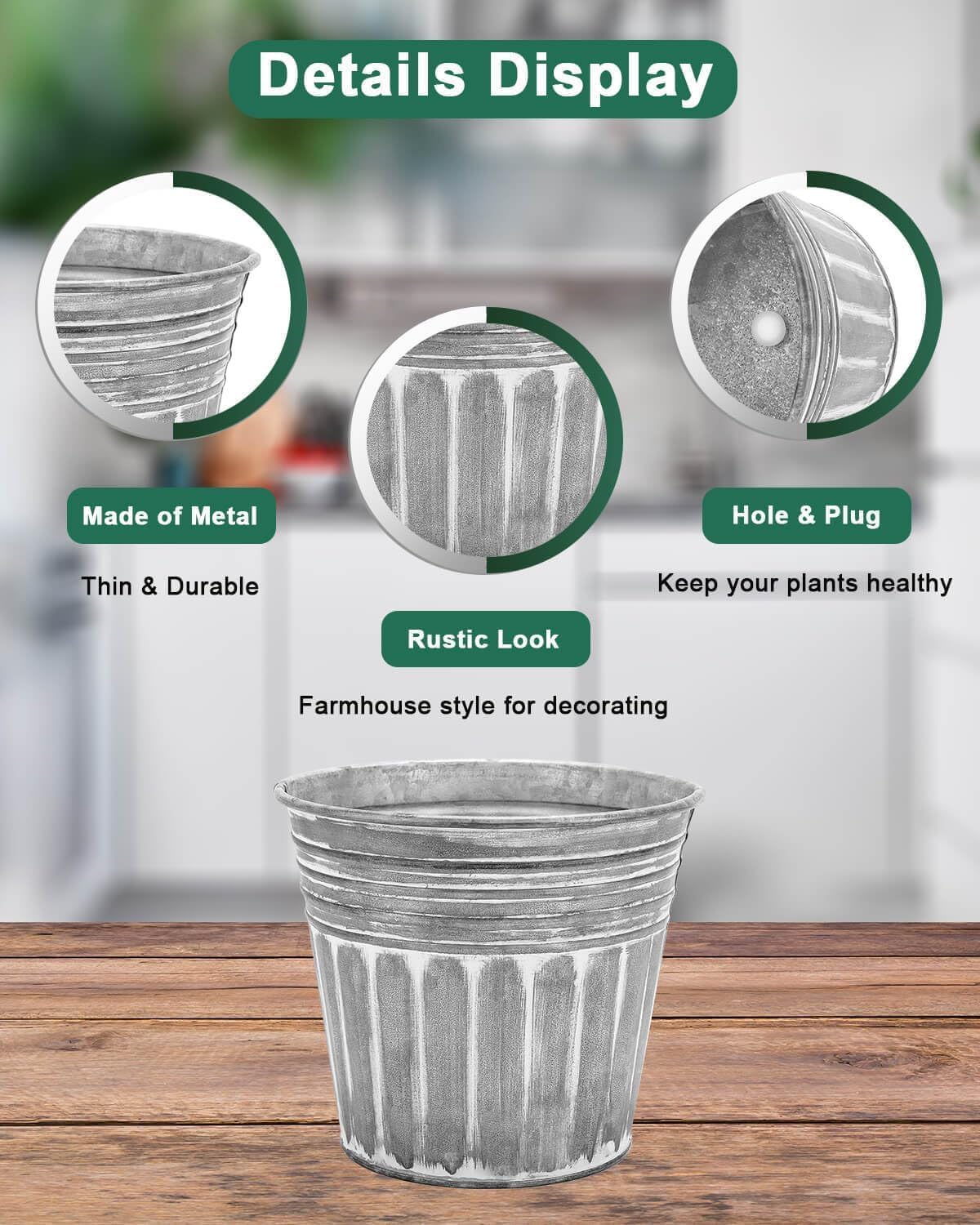 vensovo 7 Inch Silver Metal Rustic Flower Pots - 6Pcs Medium Galvanized Planters with Drainage Hole and Rubber Plug, Rustproof Metal Bucket Plant Pots Farmhouse Vintage Style for Decor