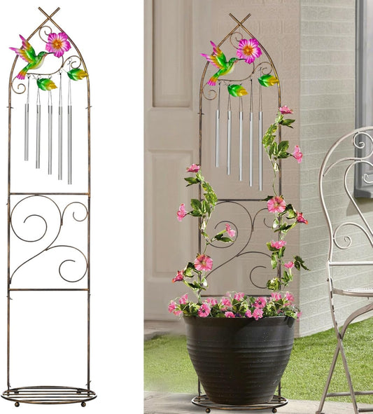 Garden Trellis with Plant Stands, 48” Metal Detachable Hummingbird Plant Pot Trellis with Wind Chimes for Climbing Plants Outdoor Lawn Patio Porches Decor