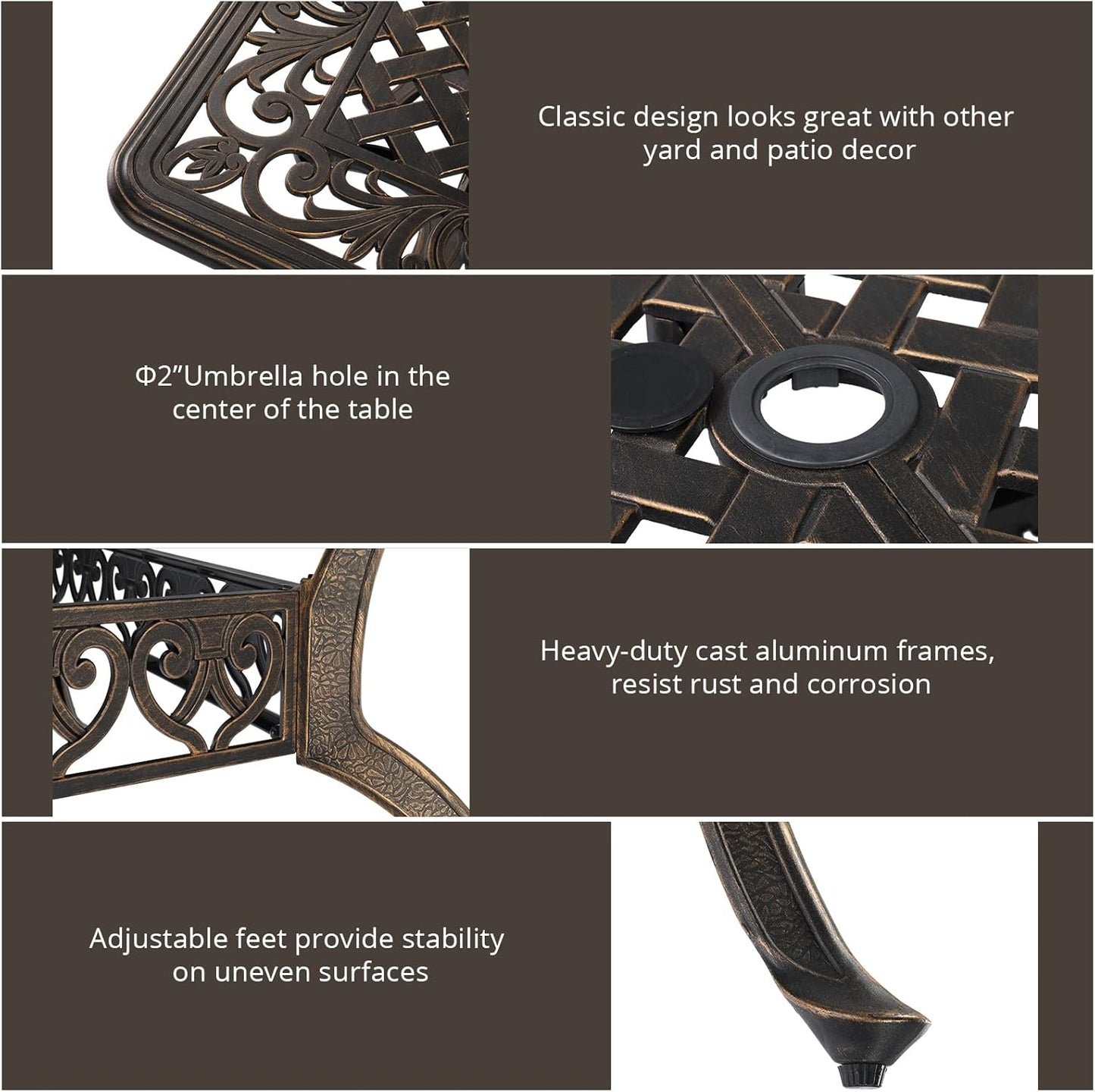 Outvita 59inch Patio Dinning Table, Outdoor Cast Aluminum Large Rectangle Table with Umbrella Hole and Antique Design for Backyard Pool Balcony Deck