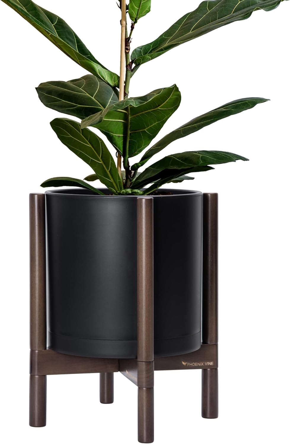 D'vine Dev Planter Pot with Stand - 12 Inch Plastic Cylinder Flower Pot with Wood Planter Holder for Indoor, Matte Black Pot + Walnut Color Stand, 55-C-O-2