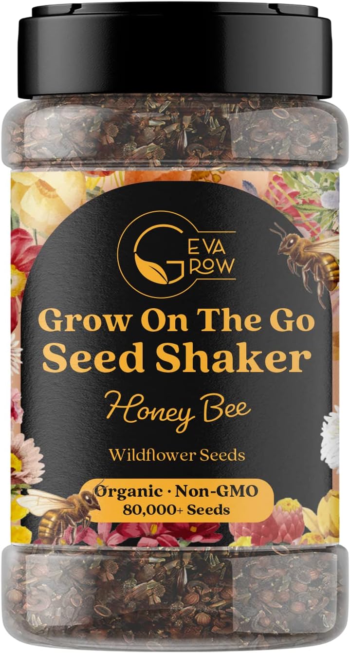 Mini Wildflower Seed Shaker – Honey Bee Wildflower Mix, by GevaGrow | Bulk 90,000+ Seeds | Pollinator Bee Attracting Flower Seeds for Planting in Pots & Outdoor Gardens | No Messy Packets
