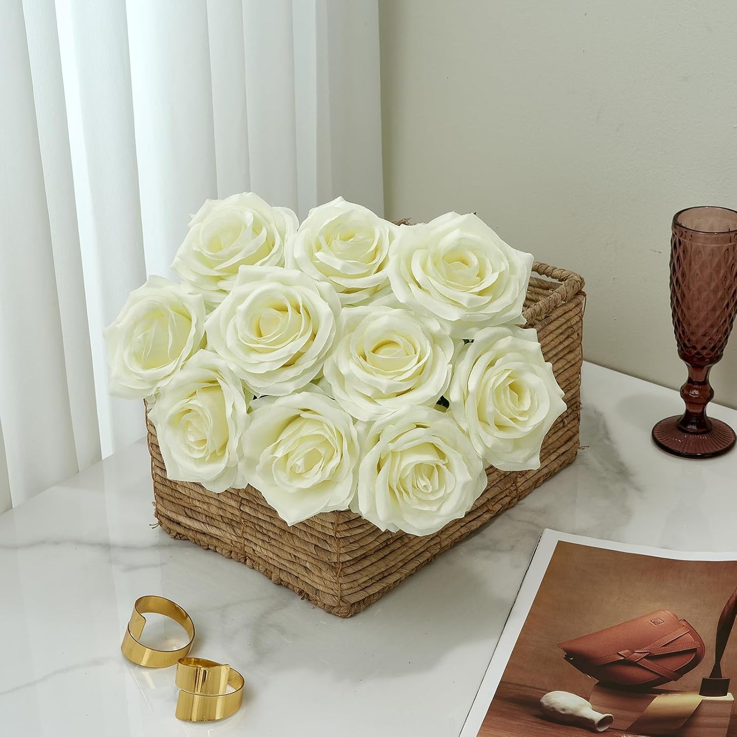 Artificial Rose 10pcs Open Flower Bouquet Faux Rose Stems for Wedding Arrangement, Bridal Bouquet, Centerpiece, Fake Faux Silk Flowers (Pale Yellow)
