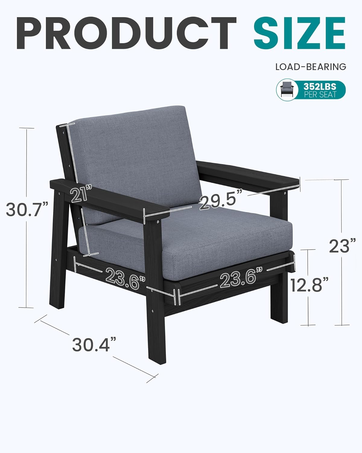 SERWALL HDPE Outdoor Couch Set of 2, Black Frame and Grey Cushion