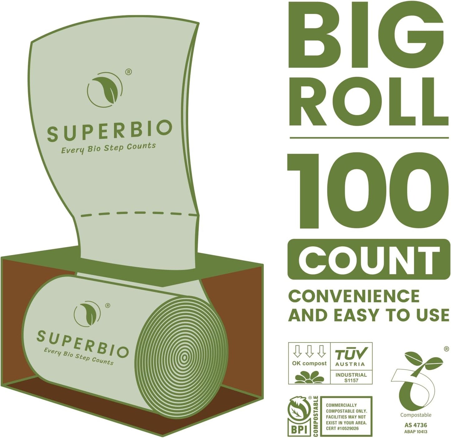 SUPERBIO 2.6 Gallon Compostable Food Waste Bags, 100 Count, 1 Pack, Flat Top Food Scrap Bags， ASTM D6400，Certified by BPI and OK compost INDUSTRIAL,9.84L