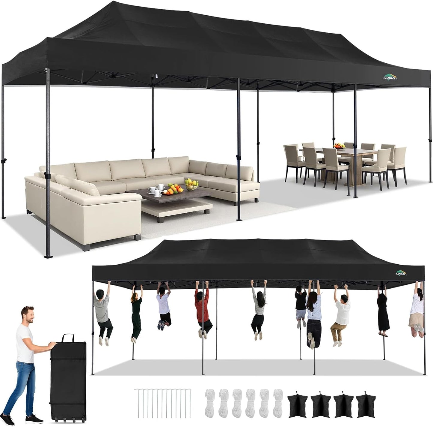 COBIZI 10x30 Pop up Canopy Heavy Duty Without Sidewalls, Easy Set-up Commercial Outdoor Party, 100% Waterproof Wedding Canopy Gazebo, 3 Height Adjustable with Wheeled Bag, Black