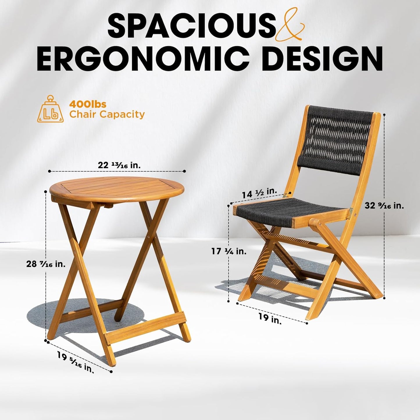 IDZO Wood Rope Design Heavy Duty 400lbs Capacity Patio Bistro Set 3 Piece Outdoor, Black