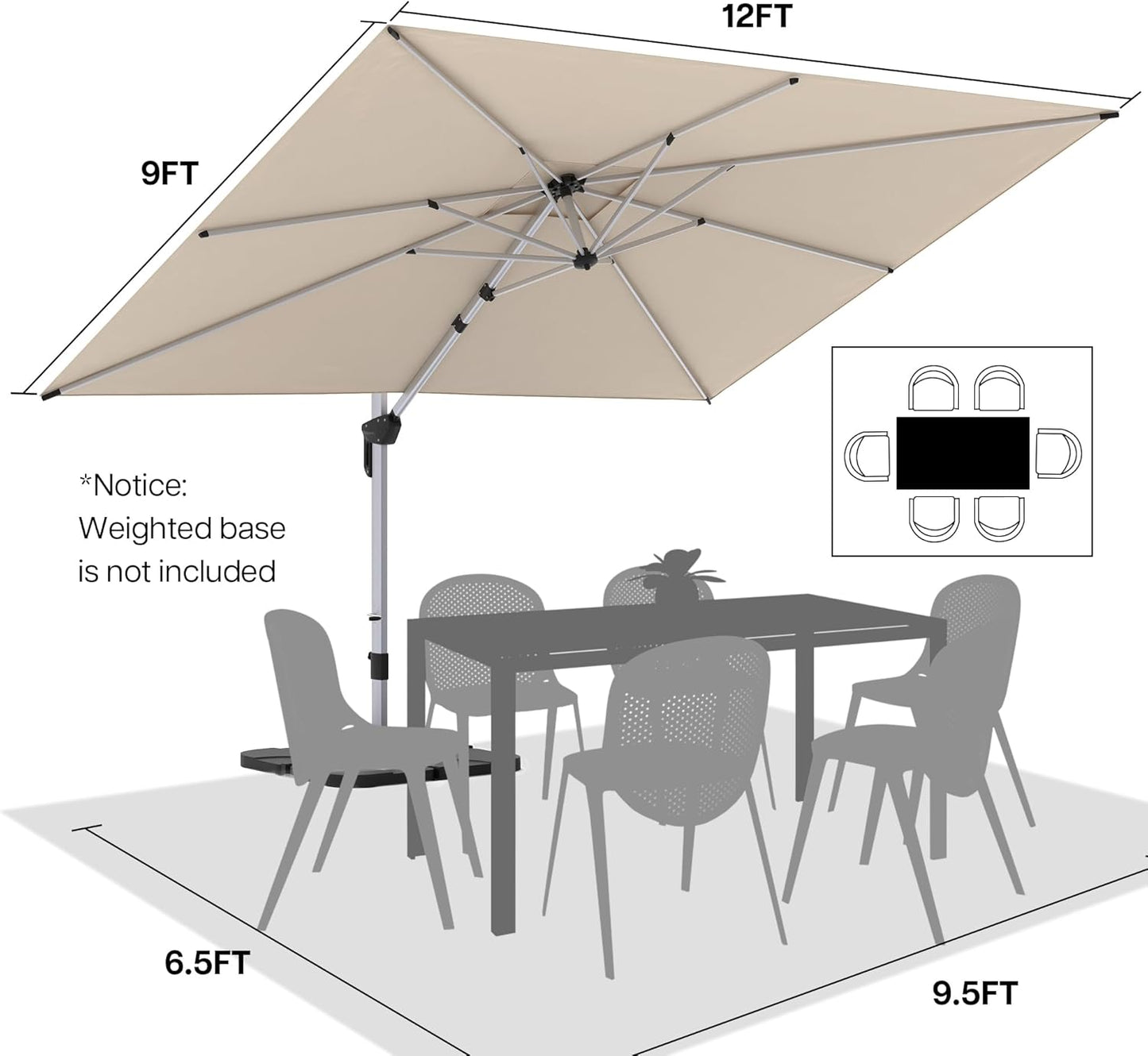 Patio Umbrella, 9' X 12' Outdoor Cantilever Umbrella with 360-degree Rotation for Garden, Deck, Backyard, Pool and Beach, Beige