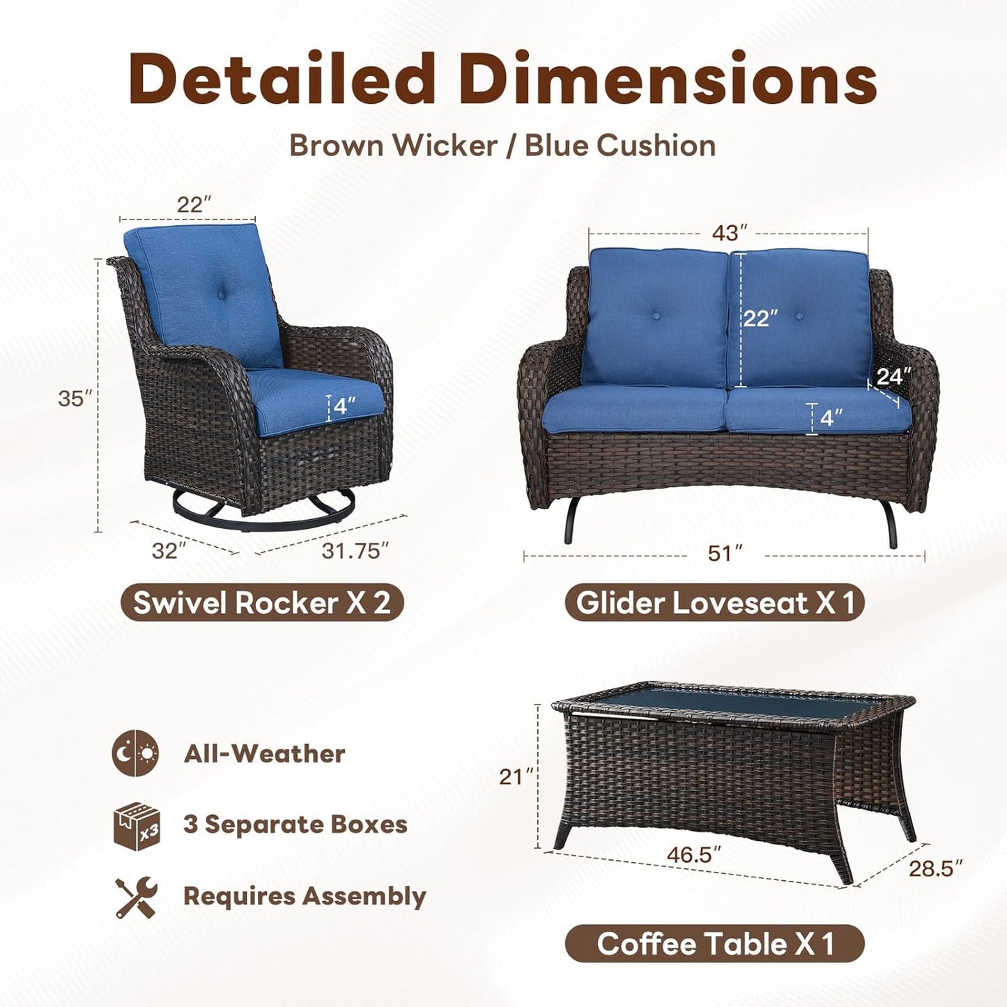 4 Piece Patio Furniture Set - Outdoor Glider Bench with Swivel Rocker Chairs and Coffee Table, High Back Small Outdoor Conversation Furniture Sets for Deck Sunroom Balcony Backyard