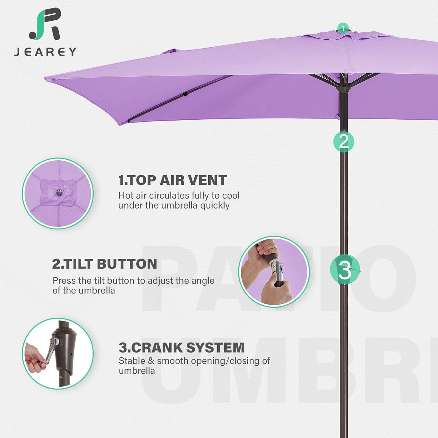 JEAREY 6.5x10 ft Rectangular Patio Umbrellas Outdoor Market Umbrella with Push Button Tilt and Crank, Rectangle Table Umbrella 6 Sturdy Ribs UV Protection for Pool Garden Backyard Deck, Taro Purple
