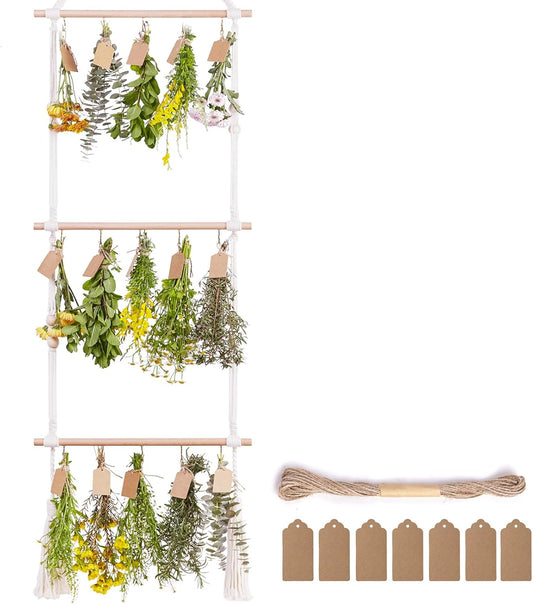 3Tier Herb Drying Rack Flower Drying with 25PCS Brown Gift Tags and 32ft Natural Jute Twine herb Dryer,Herb Drying Rack,Hanging Herb Dryer Rack, Ivory