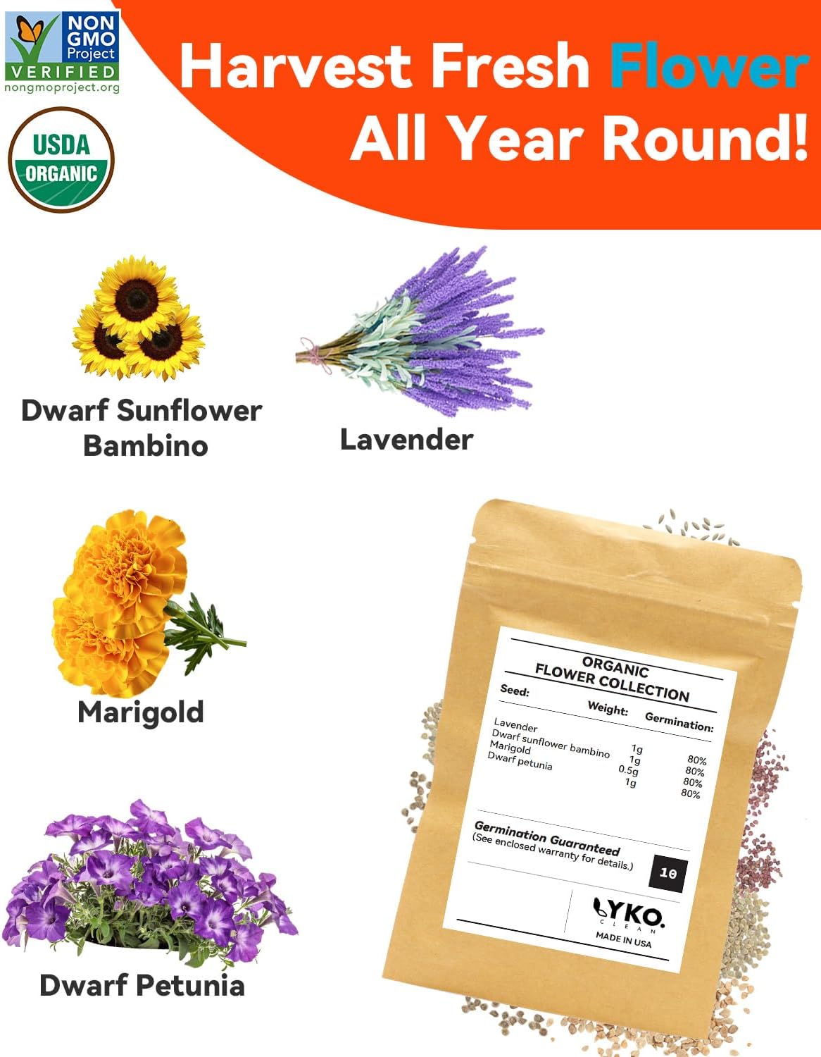 LYKOCLEAN 24 Pods Flower Seed Kit Compatible with AeroGarden Hydroponics Growing System, Indoor Garden Starter Set with Lavender, Sunflower, Petunia and Marigold