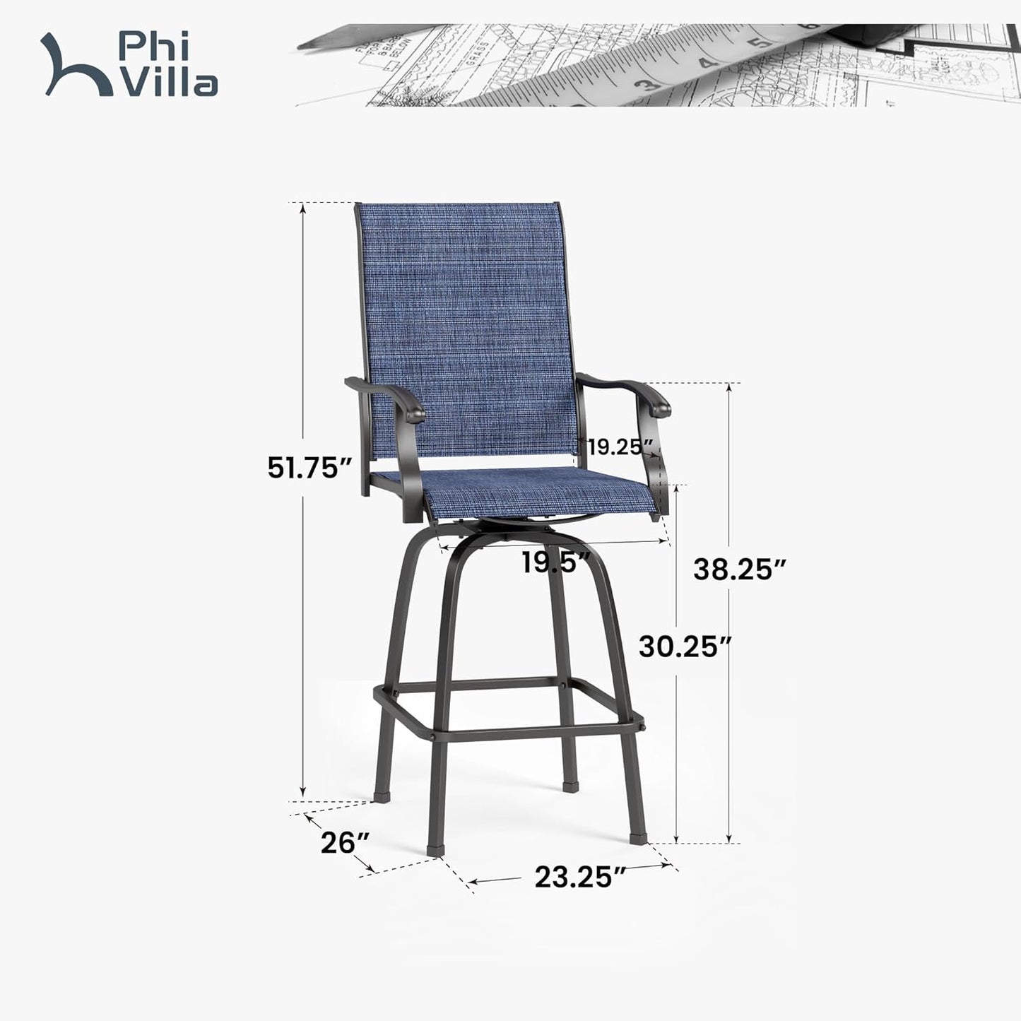 PHI VILLA Outdoor Swivel Bar Stools Set of 2, 30" Bar Height Tall Patio Chairs with All Weather Textilene Fabric, High Top Bar Chairs for Balcony, Porch and Deck, Blue