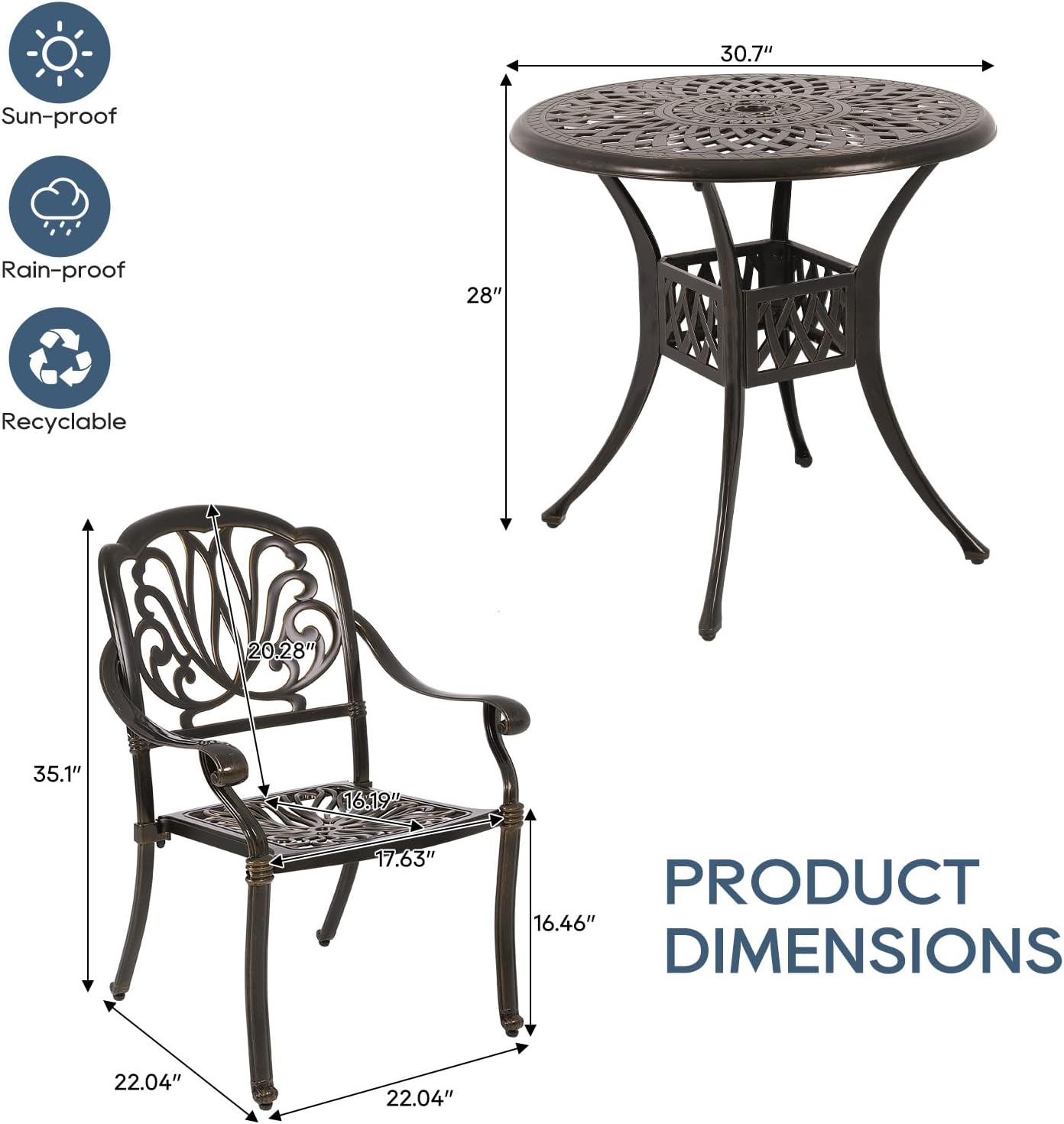 Cast Aluminum Outdoor Patio Dining Set, All Weather Outdoor Furniture Dining Set for Patio, Balcony, Lawn, Garden, Backyard (1 Round Table+2 Dining Chairs)