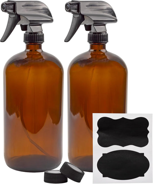 Cornucopia 32oz Amber Glass Spray Bottles (2-Pack); Brown Bottles w/ 3-Setting Trigger Sprayers; Includes Caps for Storage