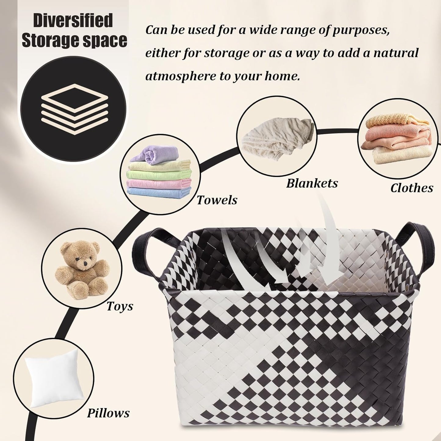 BROWNLILY Handwoven Clothes Basket Laundry Hampers Large Wicker Storage Baskets for Shelves Blankets Closet Storage Bins Car Bedroom Bathroom Organizers and Storage Bath (Pack of 4, Beige & Black)