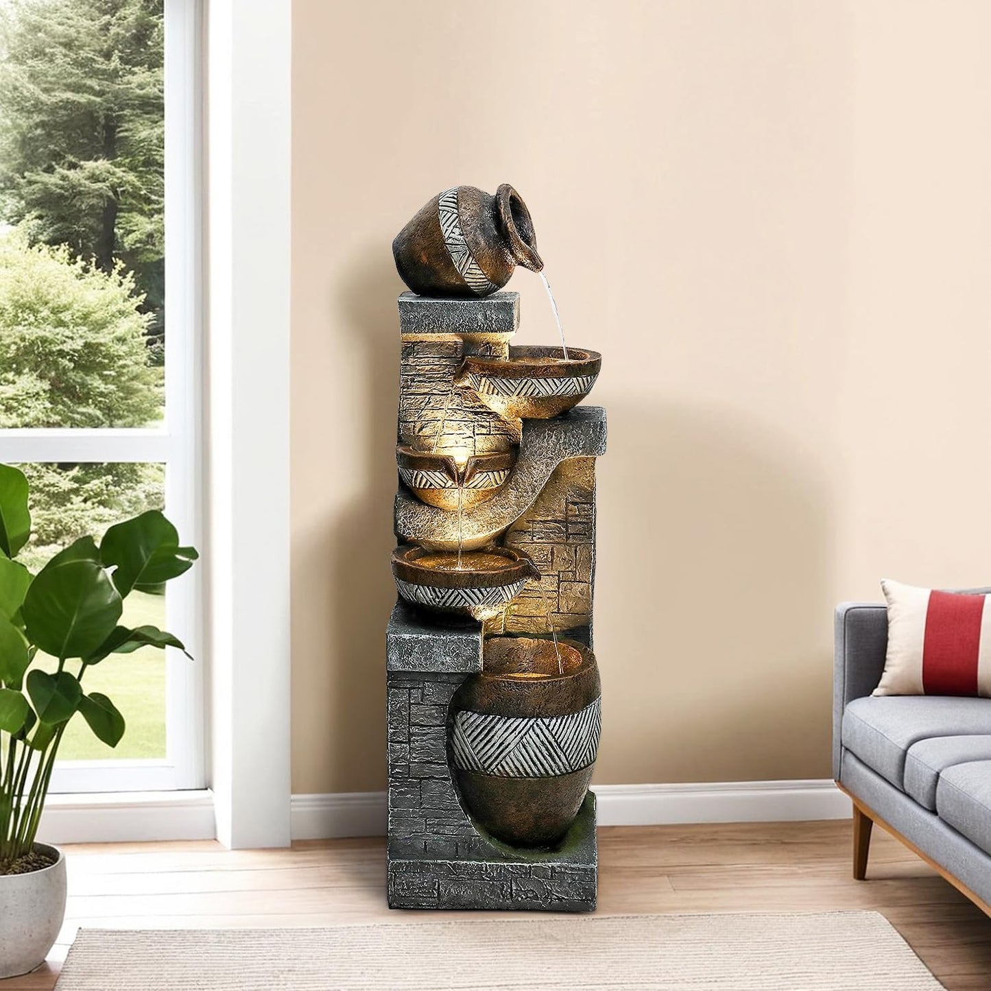 Naturefalls 42.5” H Modern Outdoor Fountain - 5 Bowls Outdoor Garden Fountains with Contemporary Design&LED Light for Garden, Patio, Deck, Porch, Backyard and Home Art Decor