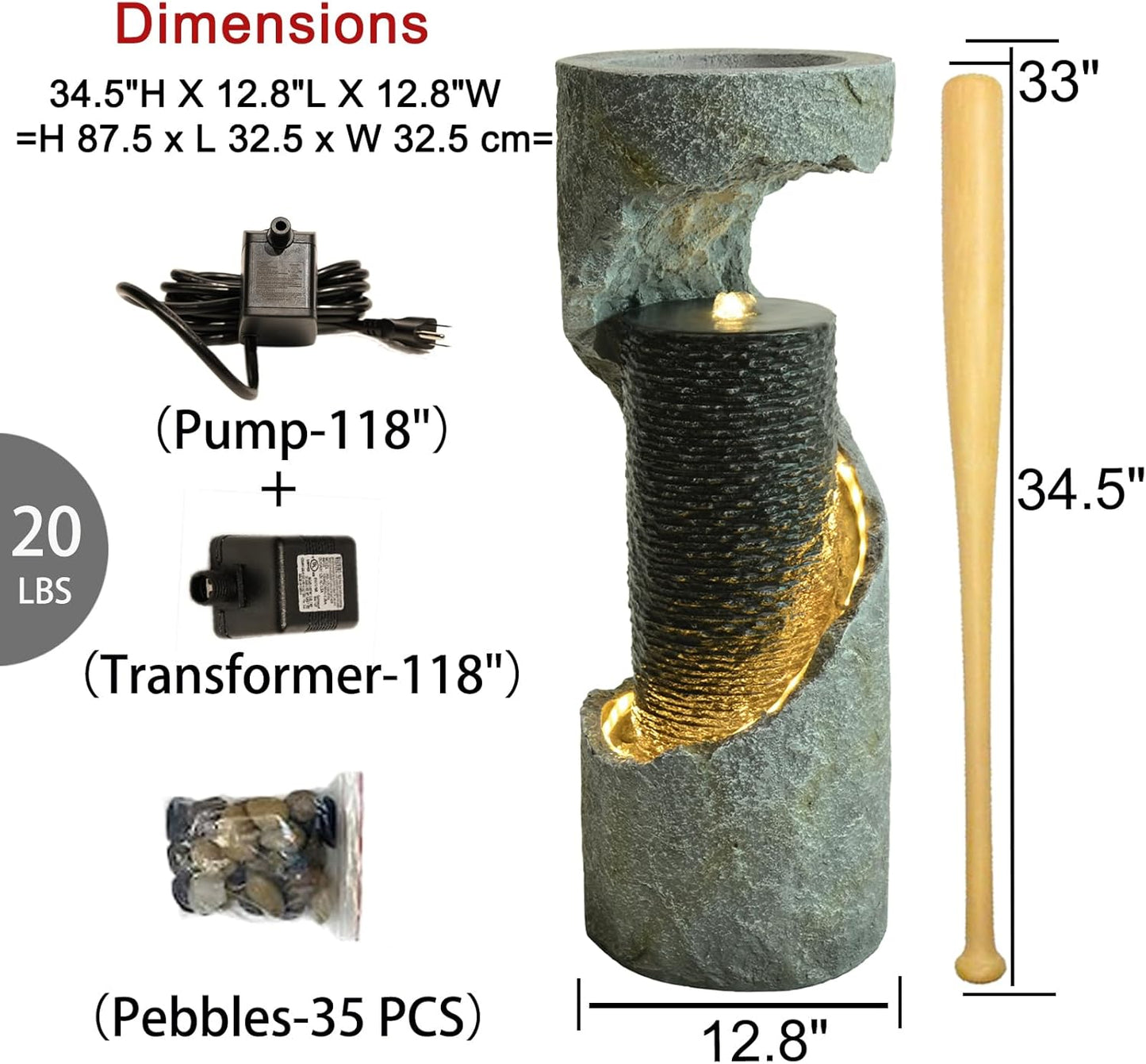 Water Fountain Outdoor 35.4" H Modern Outdoor Fountains and Waterfalls Flooring Standing Indoor Fountain with LED Lights and Pump for Garden, Patio, Deck, Backyard, Porch and Home Art Decor