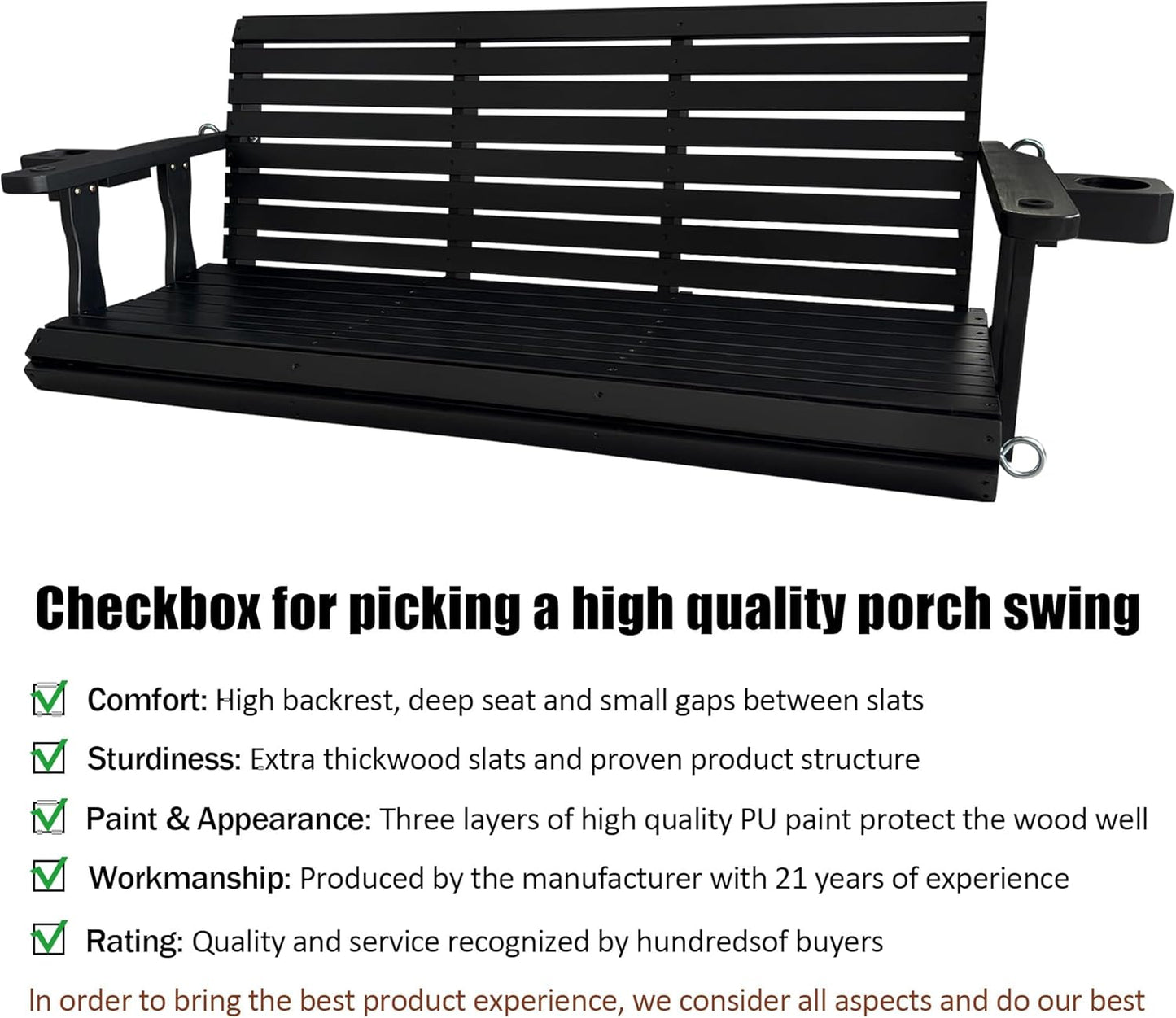 Wooden Porch Swing 3-Seater, High Backrest and Deep Seat, Bench Swing with Cupholders, Hanging Chains and 7mm Springs, Heavy Duty 880 LBS, for Outdoor Patio Garden (Carbon Black, 5 FT Extra Large)