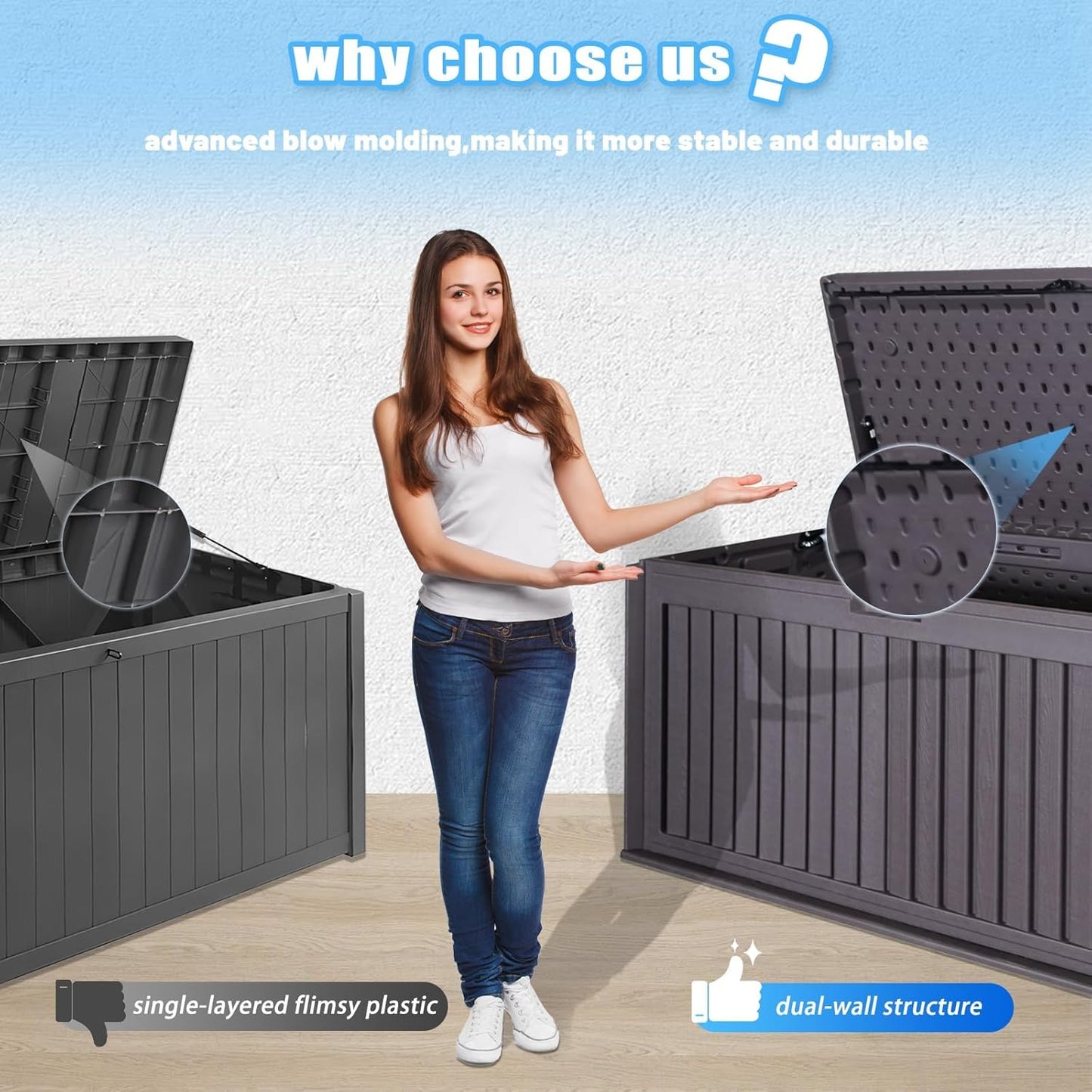 100 Gallon Outdoor Storage Box Waterproof, Resin Deck Box with Dual-Wall for Storing Gardening Tools, Pool Supplies, And More