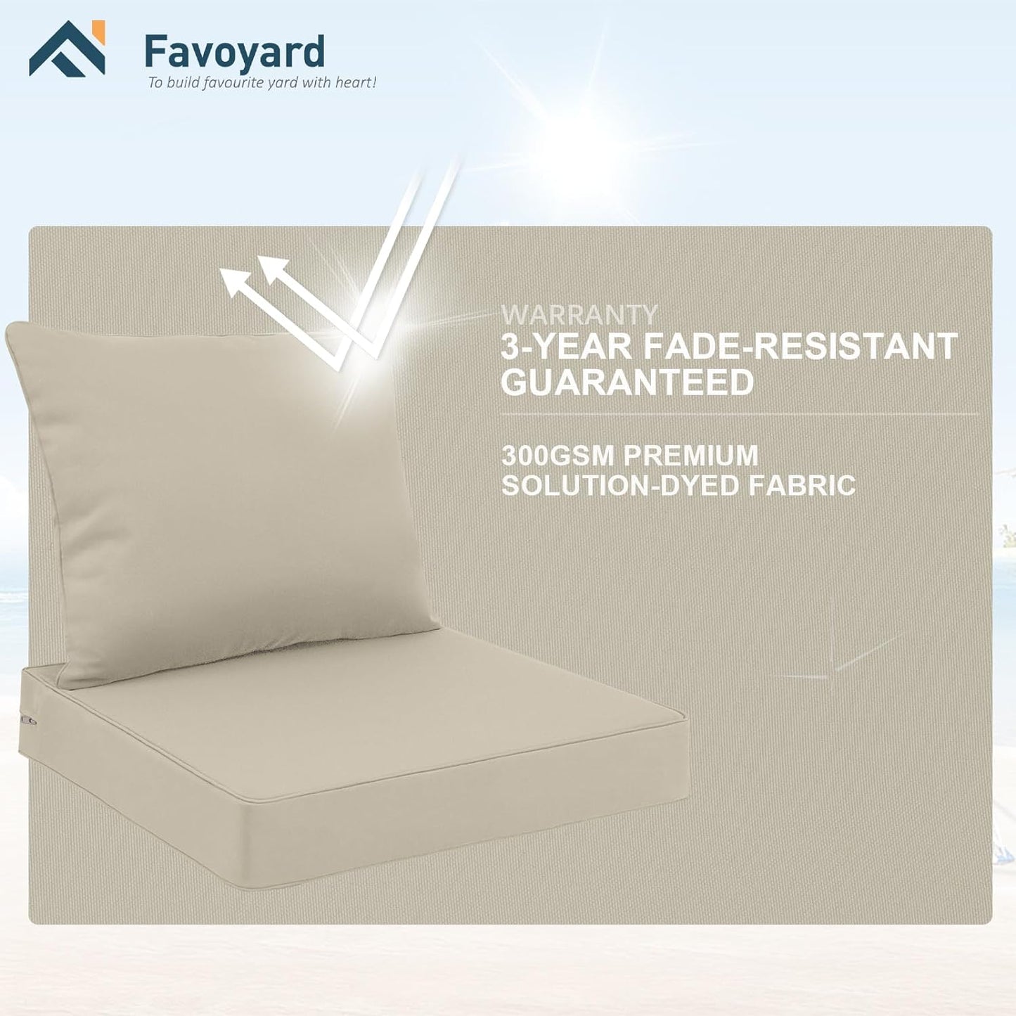 Favoyard Outdoor Seat Cushion Set 19 x 19 Inch Waterproof & Fade Resistant Patio Furniture Cushions with Removable Cover Deep Seat & Back Cushion with Handle and Adjustable Straps for Chair Sofa Couch