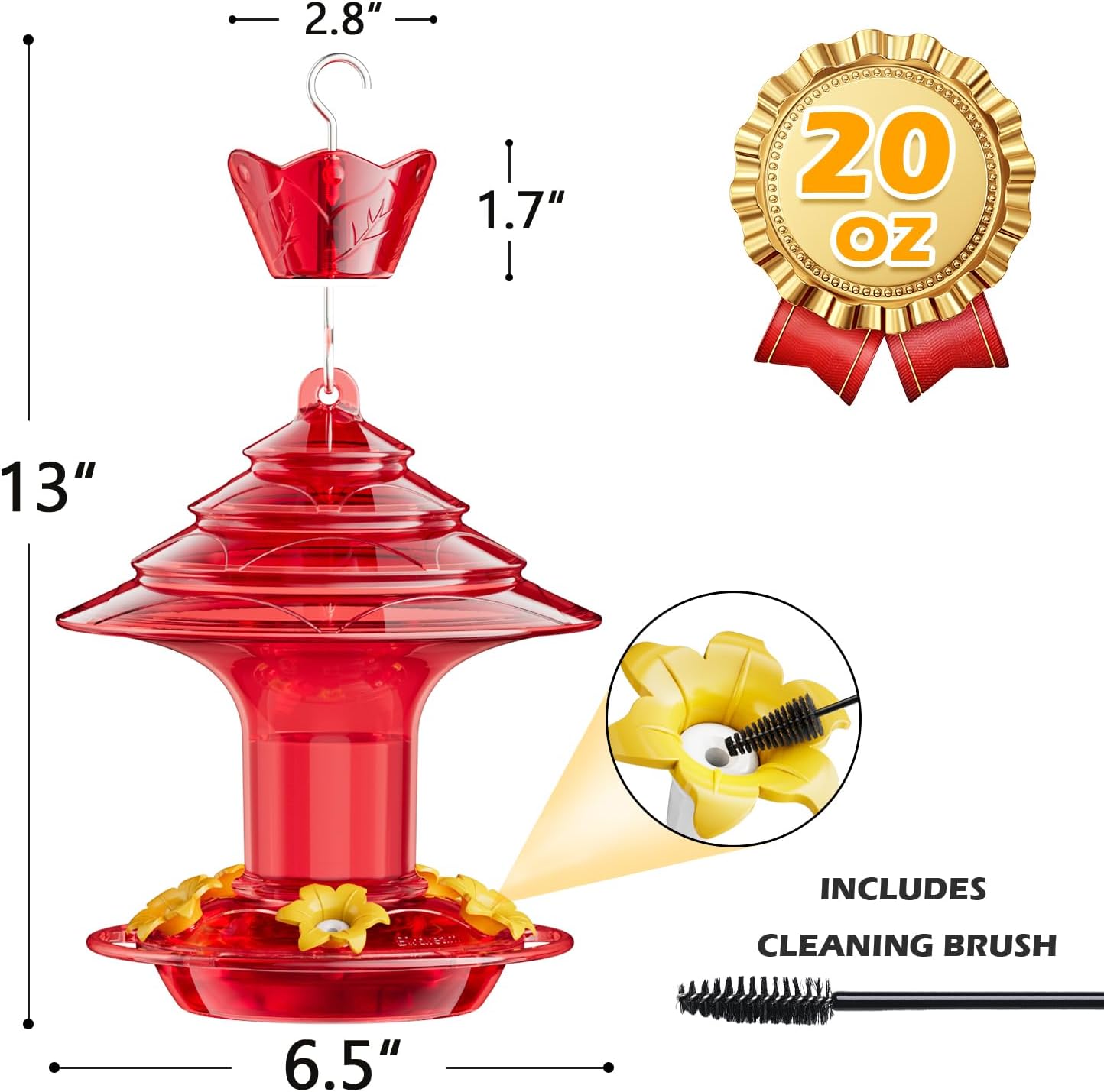 Birdream Hummingbird Feeder for Outdoors Hanging, 20oz Hummingbird Feeders with 5 Bee Guard Feeding Ports & Built-in Ant Moat Brush Leak-Proof for Outside Gifts for Women - Solid Red