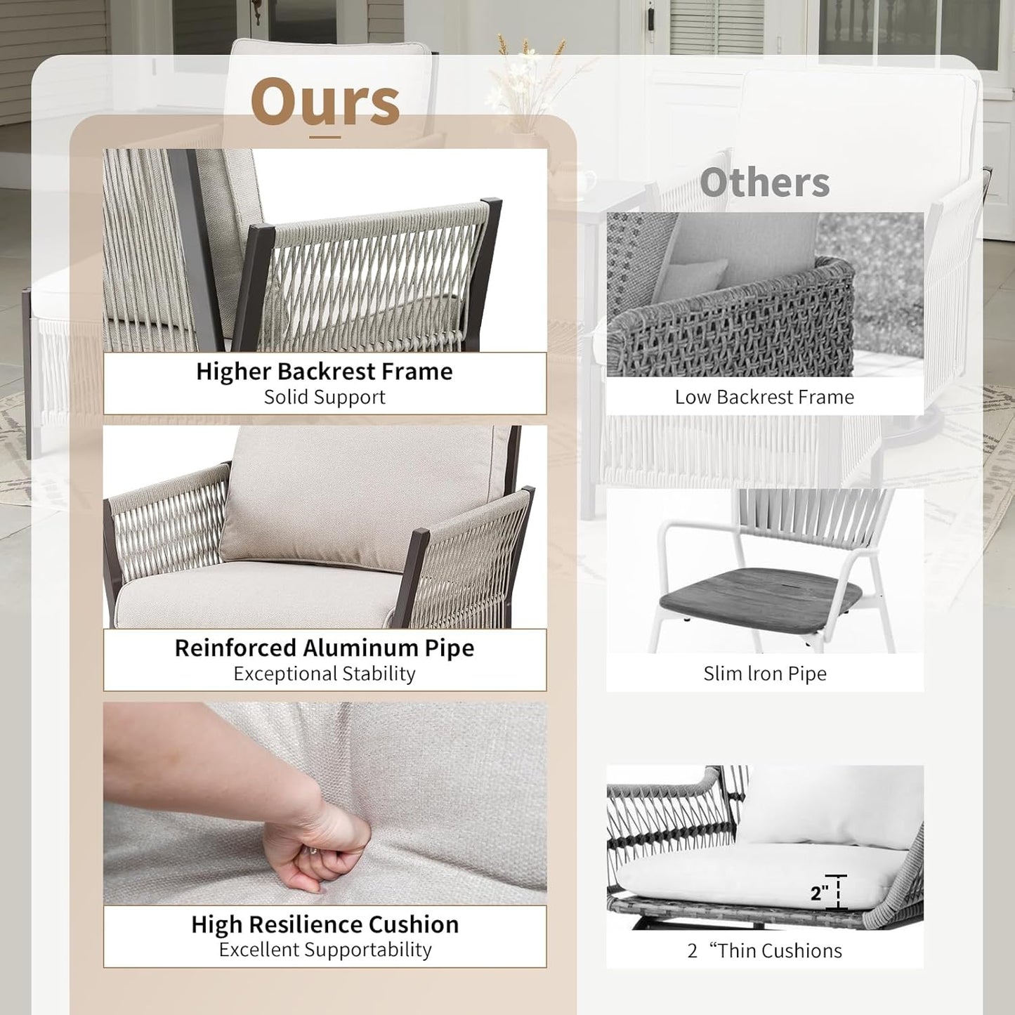 Patio Furniture Wicker Outdoor Conversation Set, 6-Piece All Weather Patio Furniture Rattan Rocking Sets w/Removable Cushions & Ottomans, Bistro Set for Backyard, Balcony, Deck, Beige