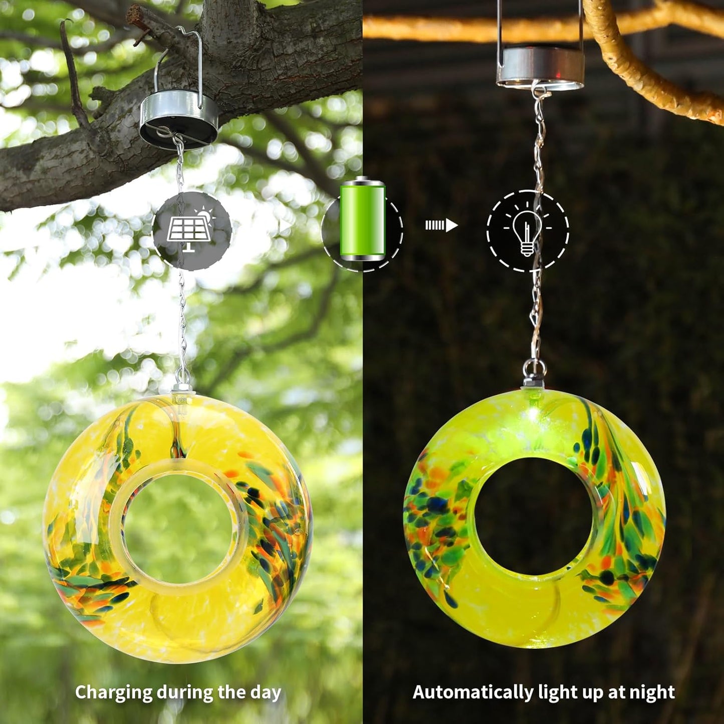 VCUTEKA Bird Feeder Solar Fly Through Bird Feeders for Outside Hanging with Round Shape Glass Container to Attract Wild Birds for Garden Decor, Yellow 8"