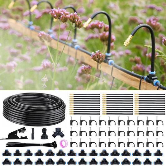 360° Automatic Drip Irrigation Kit - 5/16'' Tubing, Adjustable Universal Spray Nozzle, Copper Atomizing System for Garden/Lawn/Greenhouse - Multi-Directional Rotation, Quick Connectors, 100FT
