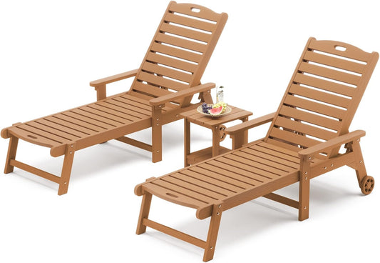 LUE BONA Chaise Lounge Chairs Set with Table, 3-Piece, HDPS Chaise Lounger, 5 Positions Adjustable Lounge Chairs, Pool Lounge Chair with Wheels for Poolside, 3 Year Warranty, Teak Color
