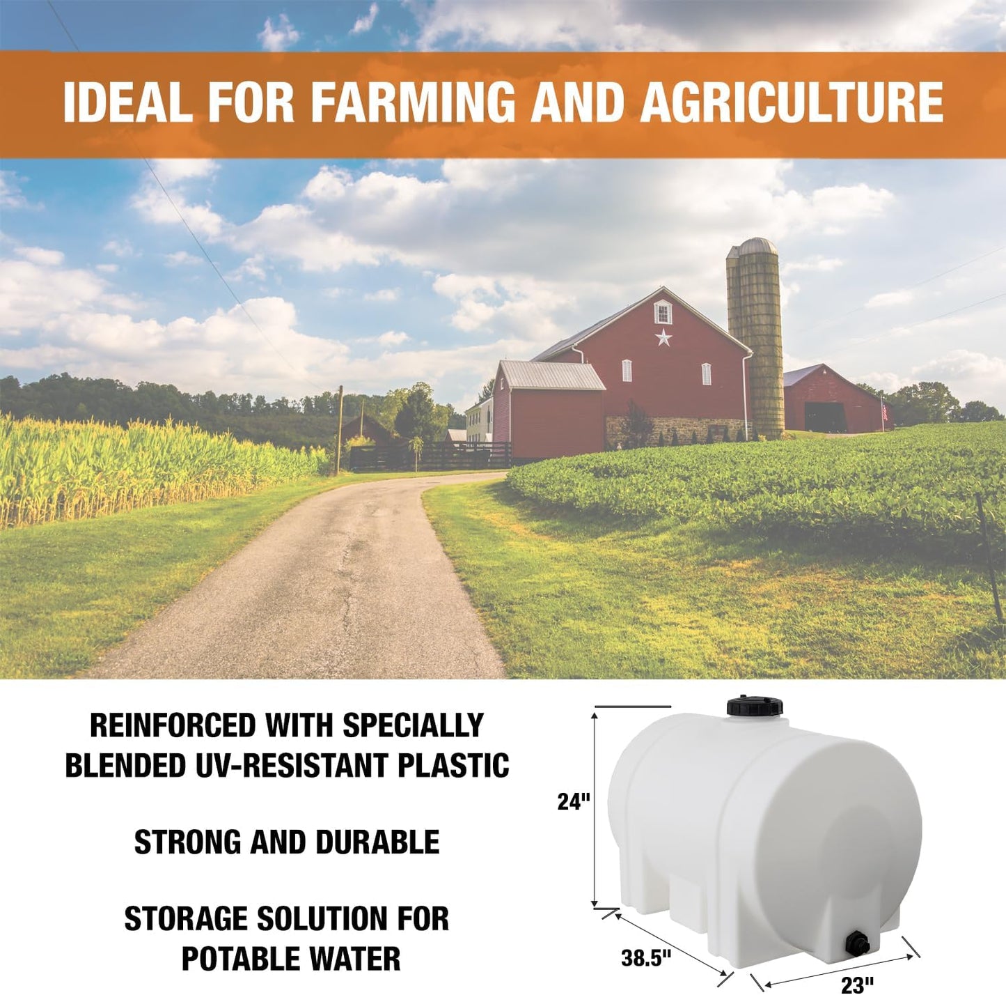 RomoTech 82123939 Horizontal Polyethylene Reservoir Water Tank w/Legs, 60 gal, Made In USA, Natural Poly Tank for Non-Flammable Liquids, UV-Resistant, Ideal for Agricultural Use, RV Water Storage