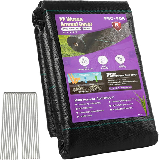 Heavy Duty Weed Barrier Fabric 3ft x 50ft, Landscape Ground Cover for Gardens & Driveways, Premium Weed Control with 10 U Shaped Staples