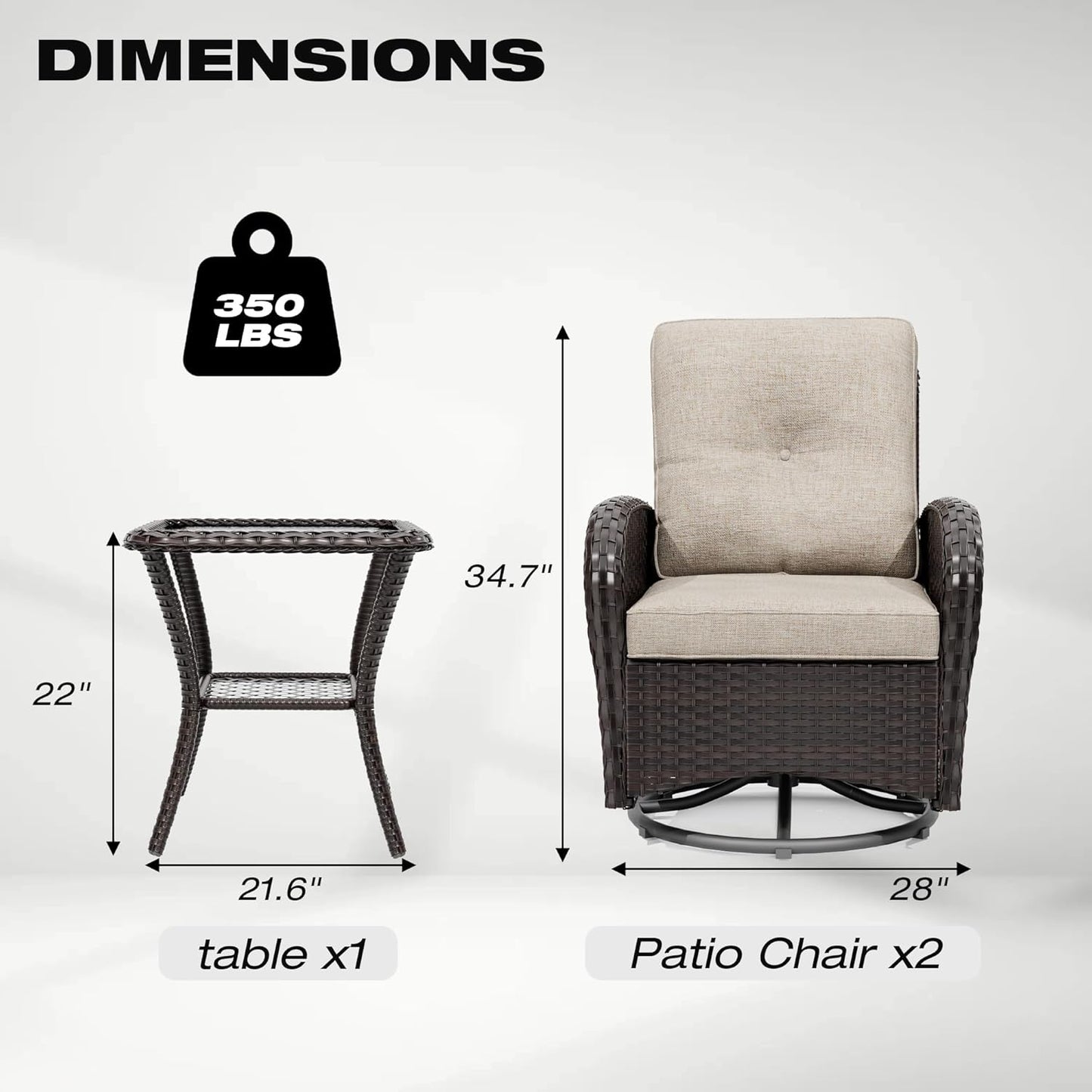 Joyside Outdoor Swivel Rocker Chairs, 3 Piece Wicker Patio Set with Thick Cushion and Side Table, Rattan Patio Swivel Rocking Chairs for Porch, Deck Use (Brown/Beige, 3 PCS)