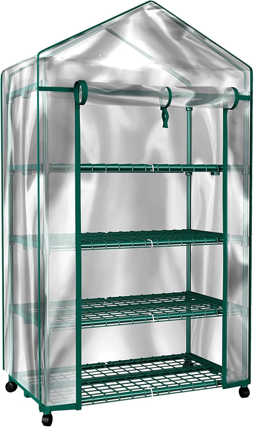 4 Tier Mini Greenhouse - Portable Greenhouse with Locking Wheels and PVC Cover for Indoor or Outdoor - 27 x 19 x 63-Inch Green House by Home-Complete