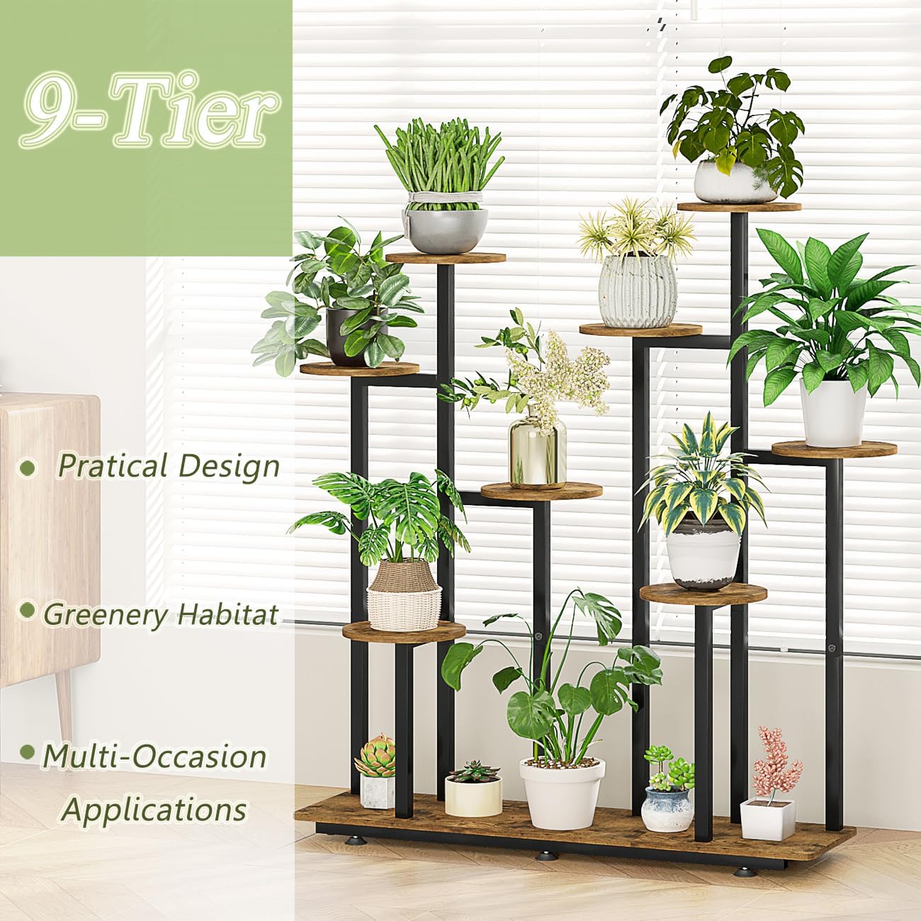 Plant Stand Indoor 9 Tier 11 Potted Multiple Flower Pot Holder for Patio Garden Balcony Living Room Corner (9 Tier Black+Rustic Brown)